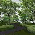 Garden Path Paving With Neatly Designed Walkway Surrounded by Green Trees and Lush Lawn