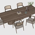 Modern Wooden Dining Table Set With Six Woven Back Chairs And Decorative Plants