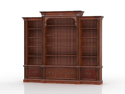 Classic Dark Brown Solid Wood Bookcase With Multiple Shelves And Drawers 3d model