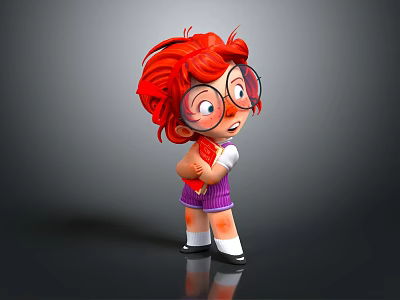 Cute 3D Cartoon Character With Red Hair Big Glasses White Top And Purple Striped Shorts 3d model