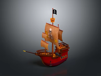 Red Hull Pirate Ship Model With Brown Sails And Black Skull Flag 3d model