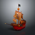 Red Hull Pirate Ship Model With Brown Sails And Black Skull Flag 3d model