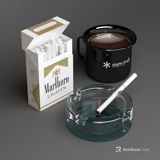 Daily Life Items Marlboro Lights Cigarette Pack Black Snow Peak Mug Glass Ashtray With Cigarette 3d model 
