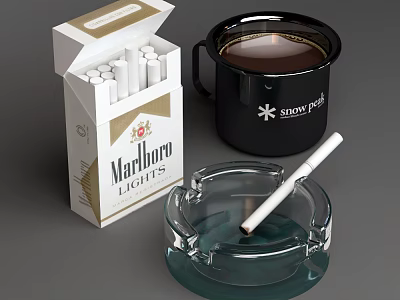 Daily Life Items Marlboro Lights Cigarette Pack Black Snow Peak Mug Glass Ashtray With Cigarette 3d model