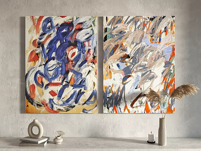 Vibrant Abstract Paintings With Blue Orange Gray Brushstrokes For Interior Wall Decor 3d model