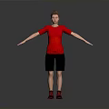Woman In Red T Shirt Black Shorts Red Sneakers With Arms Outstretched Against Gray Background