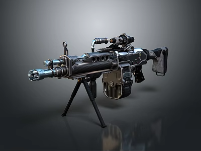 Tactical Machine Gun Design With Metallic Body Tripod Scope And Magazine 3d model