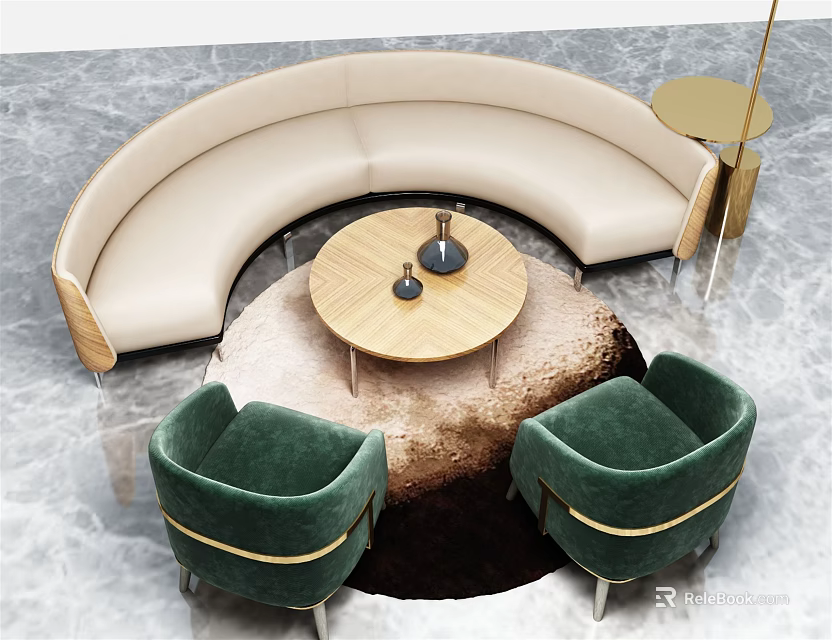Beige Curved Sofa and Round Wooden Coffee Table Set with Green Armchairs Gold Accents 3d model 