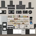 Organized Modern Kitchen with Appliances Cookware Cabinets Storage Shelves and Coffee Maker