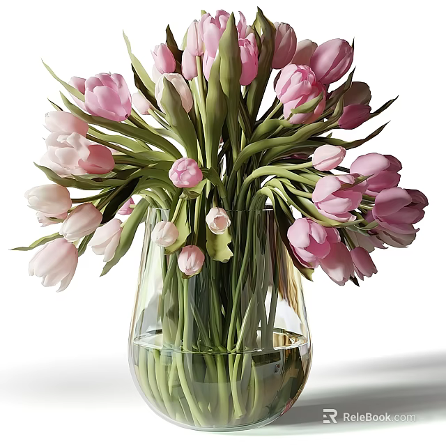 Transparent Glass Vase With Pink And White Tulips Green Stems And Leaves 3d model 