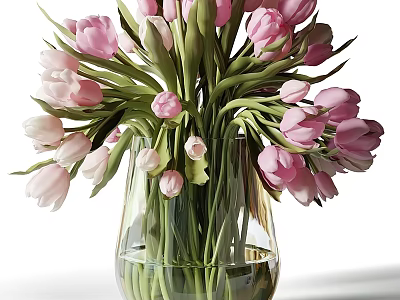 Transparent Glass Vase With Pink And White Tulips Green Stems And Leaves 3d model