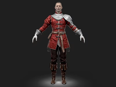Medieval Man Dressed In Red Coat With Silver Shoulder Armor Brown Belt And Boots 3d model