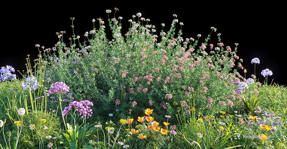 Vibrant Mixed Purple Pink Yellow Flowers With Green Foliage Blooming In Garden 3d model 