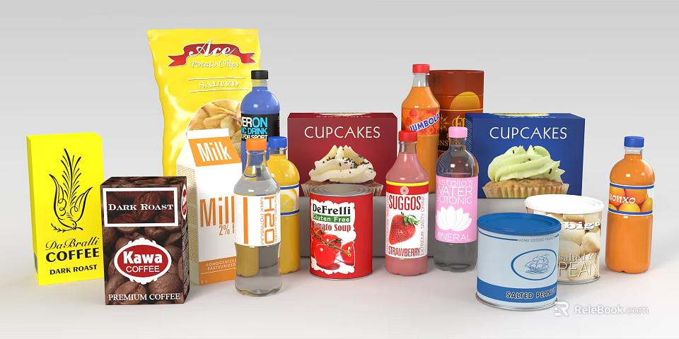 Assorted Food And Drink Collection Including Cupcakes Chips Milk Ketchup And Coffee 3d model 