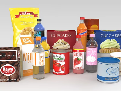 Assorted Food And Drink Collection Including Cupcakes Chips Milk Ketchup And Coffee 3d model
