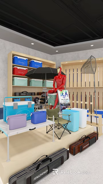 Fishing Gear Collection With Colorful Coolers Rods Umbrella And Chairs 3d model 