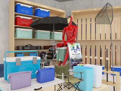 Fishing Gear Collection With Colorful Coolers Rods Umbrella And Chairs 3d model