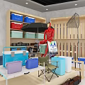 Fishing Gear Collection With Colorful Coolers Rods Umbrella And Chairs