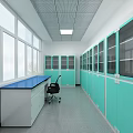 Wine Rack in Laboratory with Lab Benches Green Cabinets and Large Windows