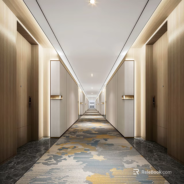 Elegant Modern Hotel Corridor With Wooden Walls Soft Lighting And Patterned Carpet 3d model 