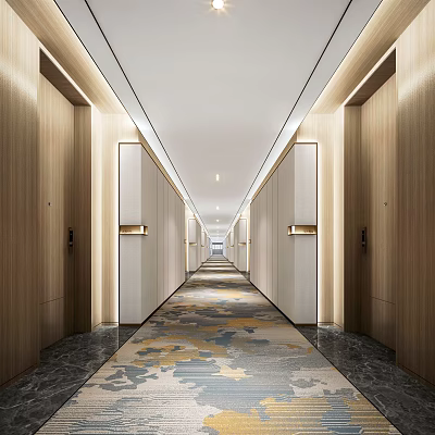 Elegant Modern Hotel Corridor With Wooden Walls Soft Lighting And Patterned Carpet 3d model