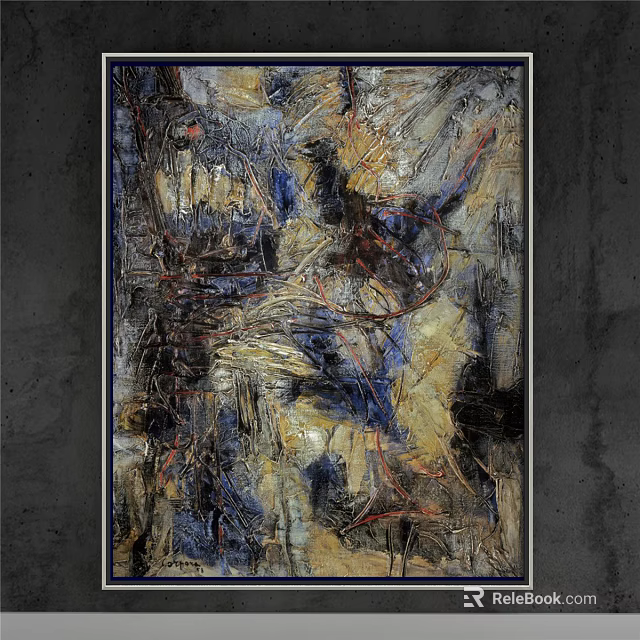 Abstract Painting Featuring Blue Yellow Black Textured Brushstrokes For Home Decor 3d model 