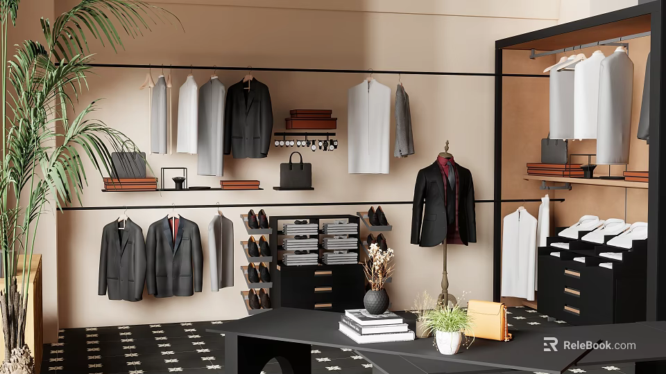 Modern Cloakroom Interior Design With Hangers And Organized Suits Shirts Shoes Storage 3d model 