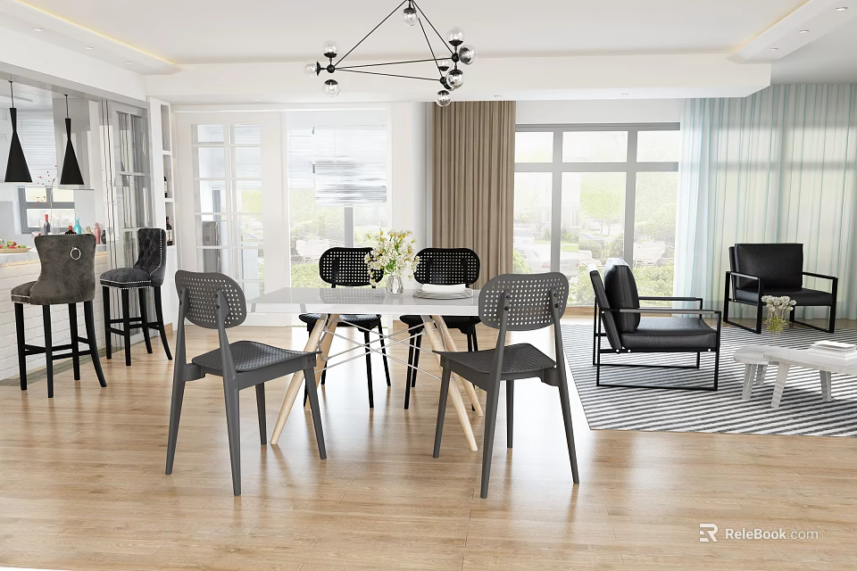 Modern Dining Living Room Interior With Dining Table Chairs Chandelier Sofa And Wooden Floor 3d model 
