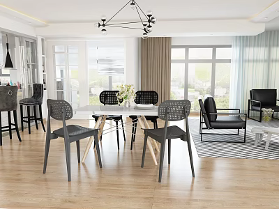 Modern Dining Living Room Interior With Dining Table Chairs Chandelier Sofa And Wooden Floor 3d model