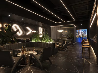 Modern Bar Interior Design With Ambient Lighting Green Plants And Marble Floor 3d model