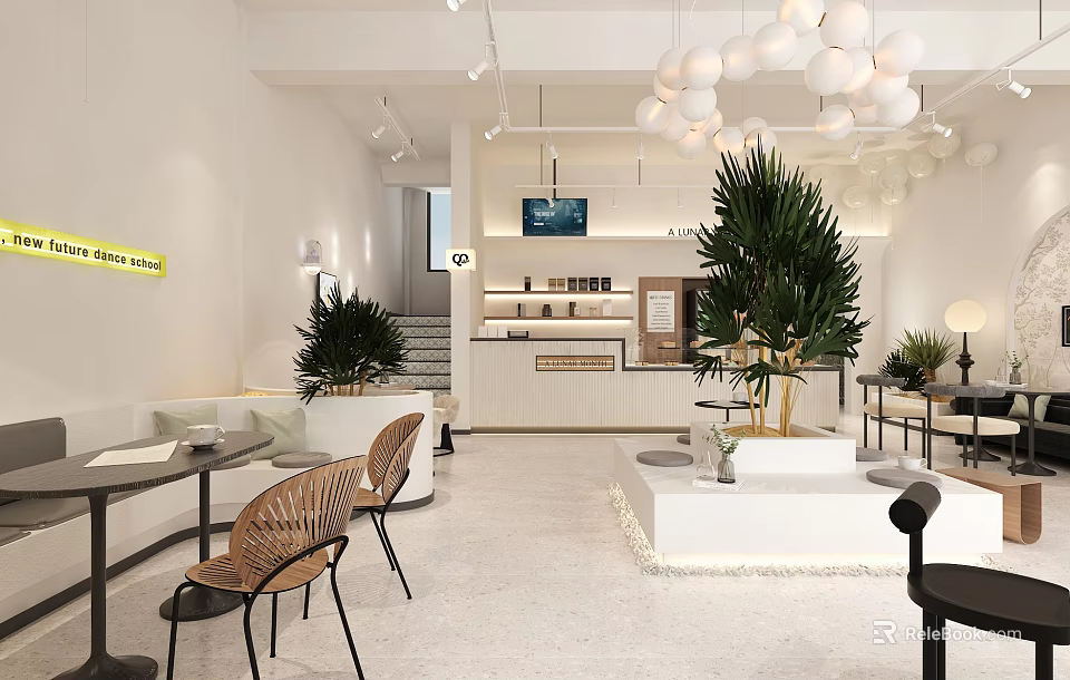 Modern Bubble Tea Shop Interior With Cozy Seating Bar Counter Plants And Hanging Lights 3d model 
