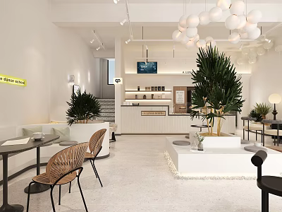 Modern Bubble Tea Shop Interior With Cozy Seating Bar Counter Plants And Hanging Lights 3d model