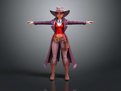 Western Style Female Character In Purple Coat Red Vest With Holster Standing Pose 3d model