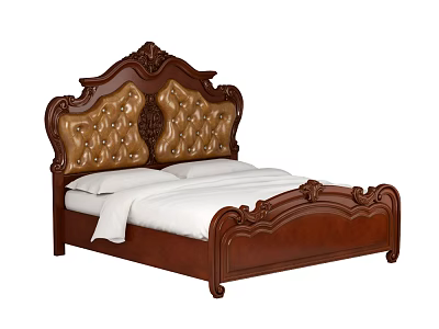 Traditional Double Bed With Carved Wooden Headboard And Leather Button Tufted Design 3d model