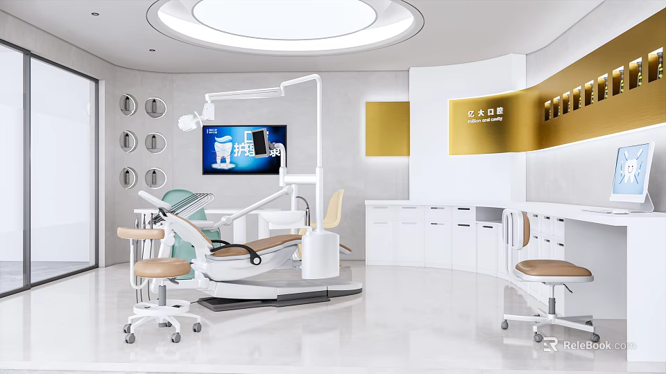 Dental Clinic Treatment Room With Modern Medical Equipment And White Gold Decor 3d model 