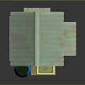 Cartoon Style Adorable Hut With Green Corrugated Roof Blue Barrel Small Sink And Wooden Bench