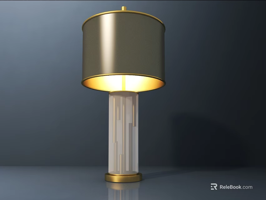 Gold Table Lamp With Transparent Vertical Striped Column And Warm Light Shade 3d model 