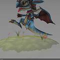 Cute Horned Dragon With Goggles Blue Body Red Wings On Green Grass And Flowers