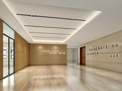 Spacious Modern Front Desk Reception Area With Wooden Walls Ceiling Lights And Glass Doors 3d model