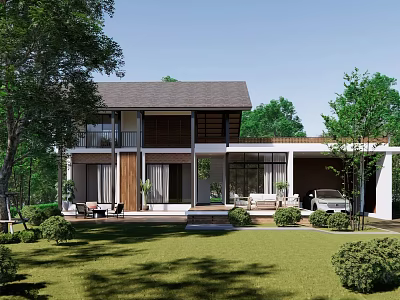Modern Detached Villa With Garden Lawn Patio Trees And Wooden Exterior Design 3d model
