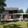 Modern Detached Villa With Garden Lawn Patio Trees And Wooden Exterior Design