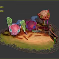 Three Cute Pig Toys With Pink Red White Colors On Grass Field And Wooden Fence