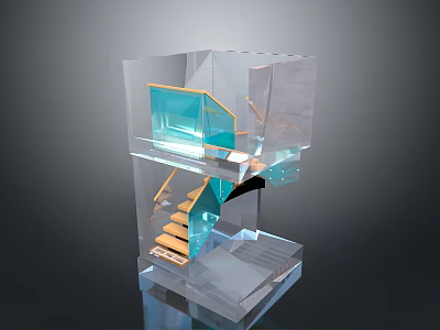 Modern Transparent Cube Architectural Design With Wooden Staircase And Glass Railings 3d model