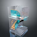 Modern Transparent Cube Architectural Design With Wooden Staircase And Glass Railings