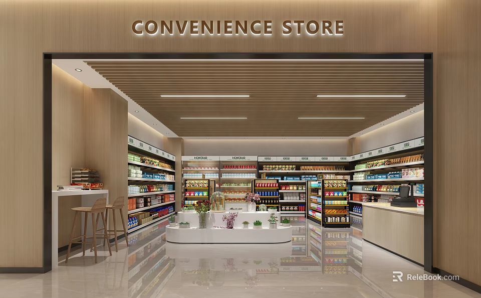 Convenience Store Interior With Organized Shelves Products Checkout Counter And Bright Lighting 3d model 