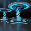 Futuristic Glowing Platforms With Blue Luminous Rings And Spiral Metallic Designs On Dark Background