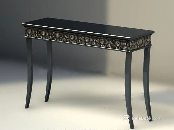 Elegant Console Table With Black Top And Golden Decorative Patterns On Slim Legs 3d model