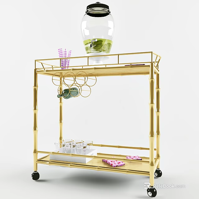 Gold Mobile Storage Shelf With Multiple Tiers Glass Cups Purple Items Green Decor And Wheels 3d model 