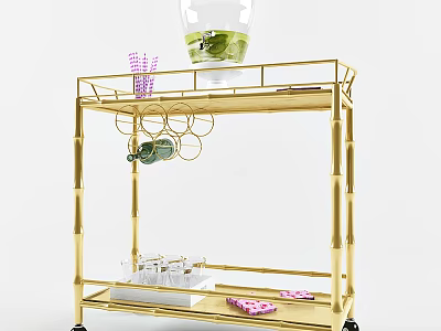 Gold Mobile Storage Shelf With Multiple Tiers Glass Cups Purple Items Green Decor And Wheels 3d model