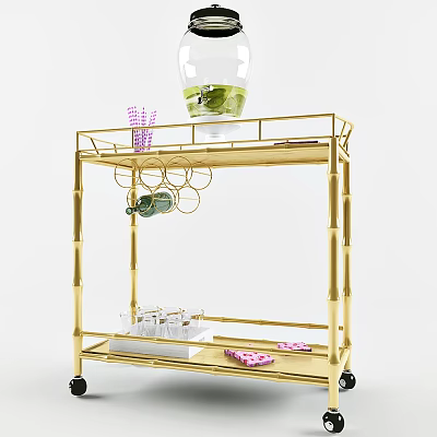 Gold Mobile Storage Shelf With Multiple Tiers Glass Cups Purple Items Green Decor And Wheels 3d model